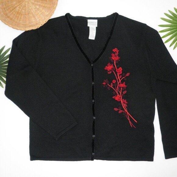 Vintage 90s Black Velvet Trim Wool Cardigan w/ Red Ribbon Floral Accent M - Picture 8 of 9